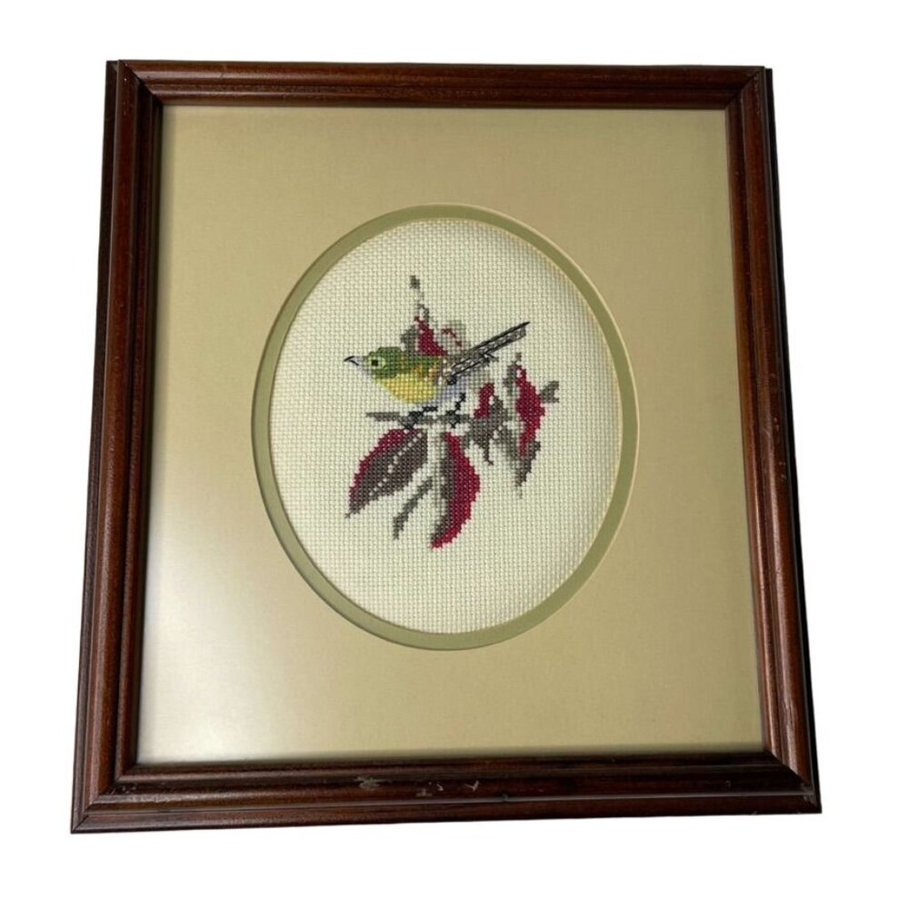 Handcrafted Bird Cross Stitch Wall Art Wood Framed Matted Vintage u